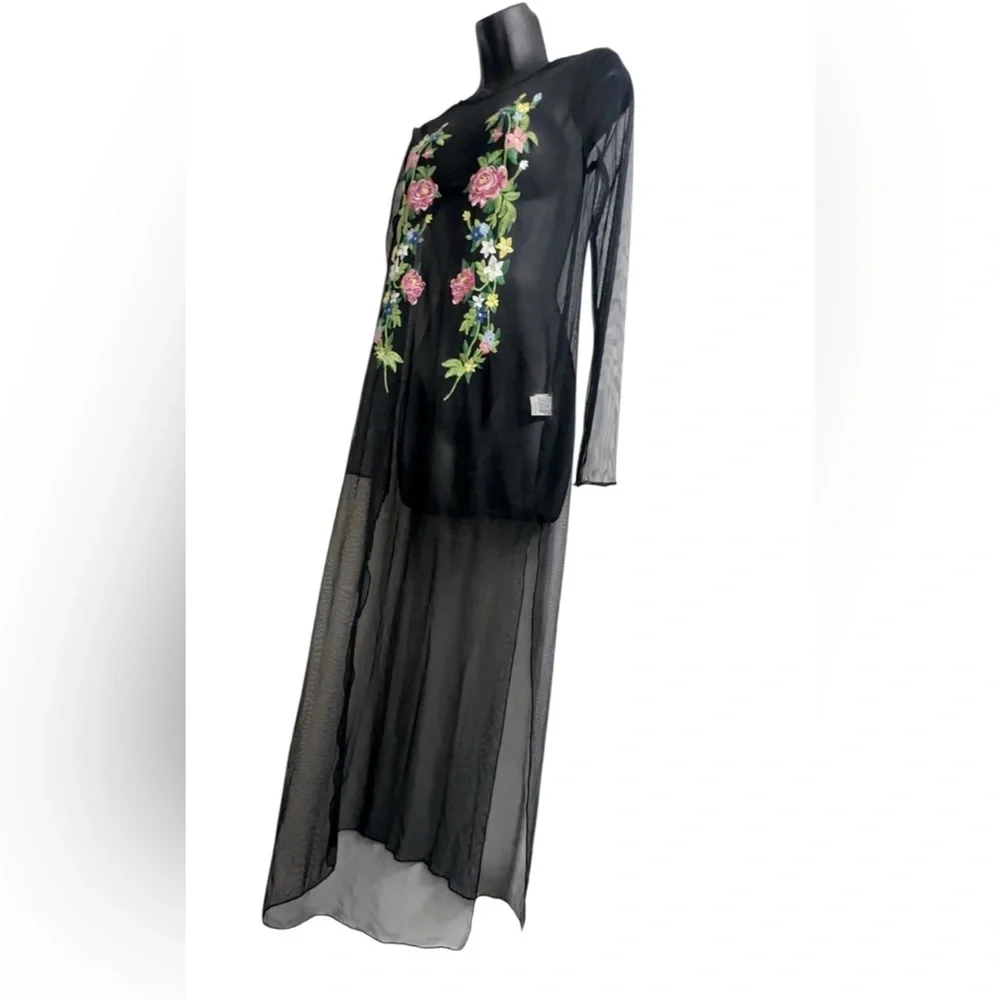 ZARA EMBROIDERED FLORAL TULLE OVERLAY DRESS BLACK SHEER LONG SIZE S FIT M NWOT - Picture 7 of 9